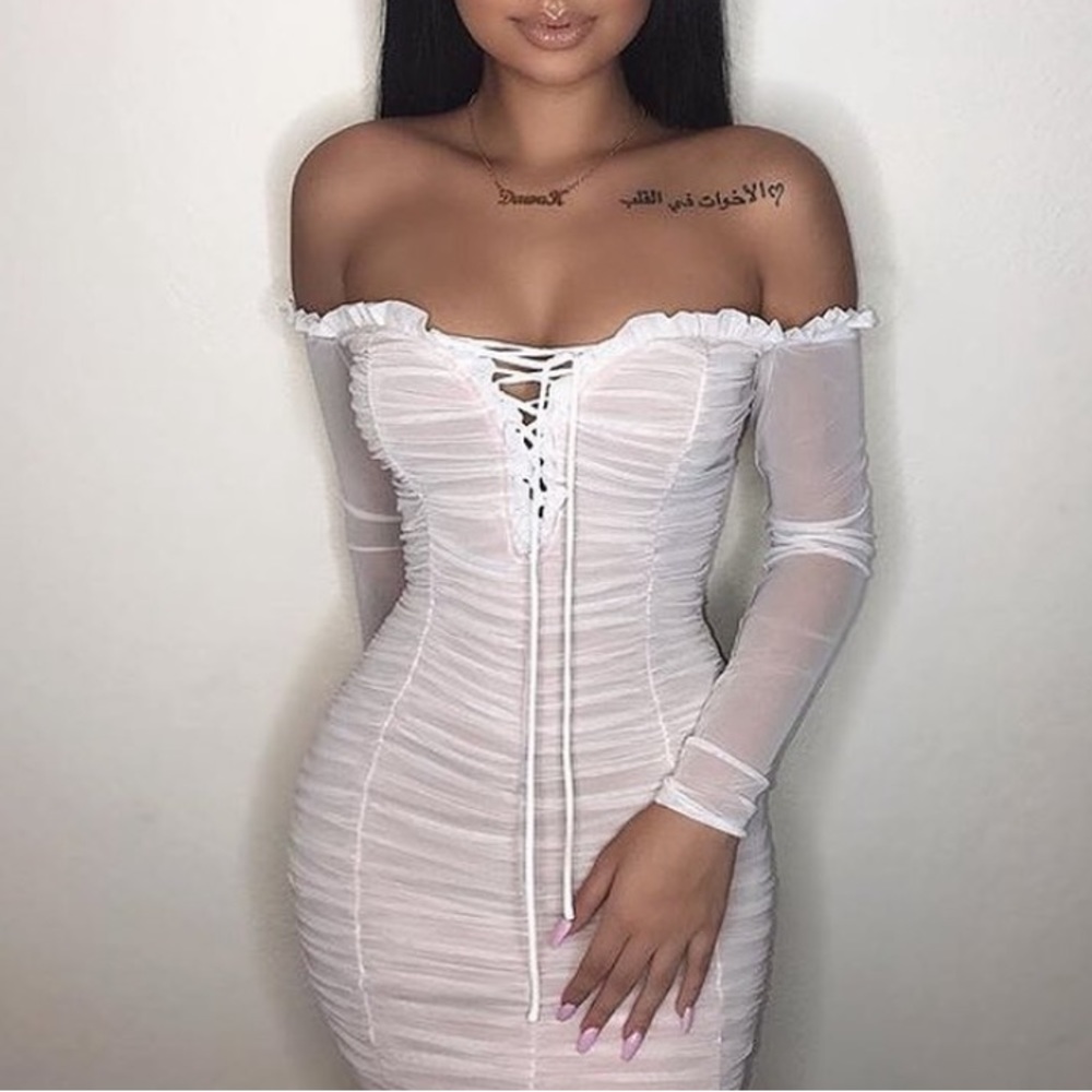 White Sheer Ruched Ruffle Mesh•Mini Dress